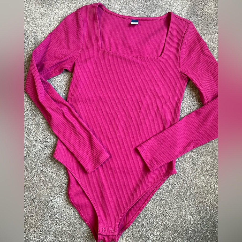 Square Neck Long Sleeve Rib Knit Bodysuit in a beautiful pink color!